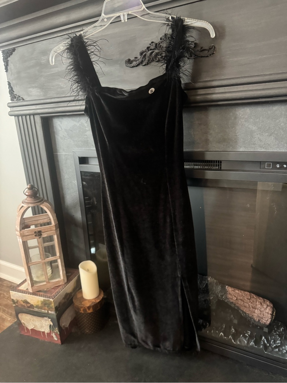 Black Velvet Dress with Feathered Straps
